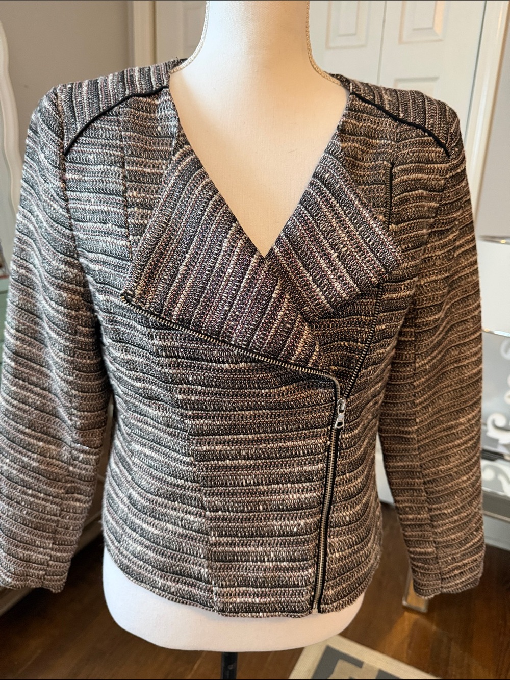 H&M Woven Textured Zip-Front Jacket - Gray/Black/Rust/Beige 8